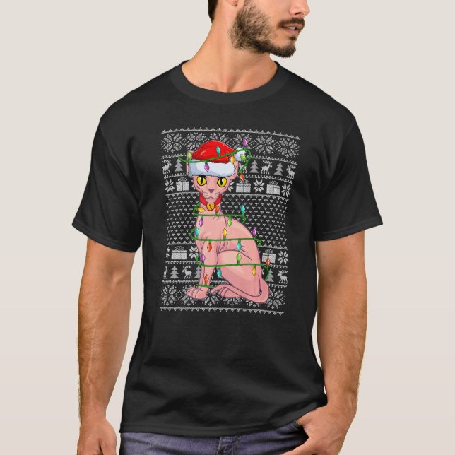 Hässlicher Pullover Stil Xmas Lichter Santa Sphynx (Vorderseite)