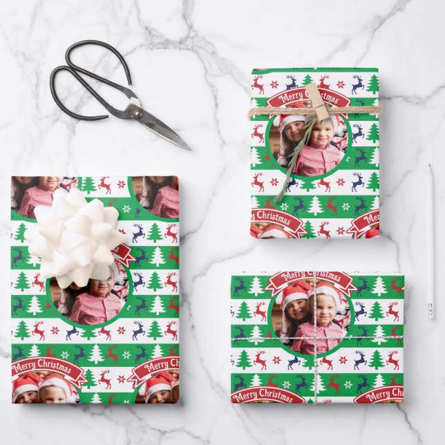Hässlicher Weihnachtspullover Helle Sprünge Foto  Geschenkpapier Set (Vorderseite)