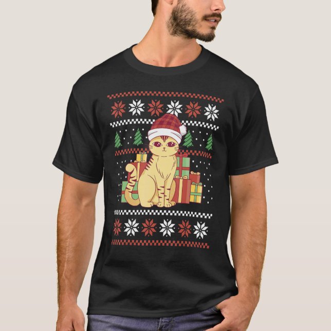 Hässlicher Weihnachtspullover Katze mit Geschenken T-Shirt (Vorderseite)