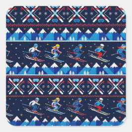 Hässliches Weihnachten Ski-Muster Feiertag  Quadratischer Aufkleber