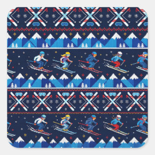 Hässliches Weihnachten Ski-Muster Feiertag Quadratischer Aufkleber