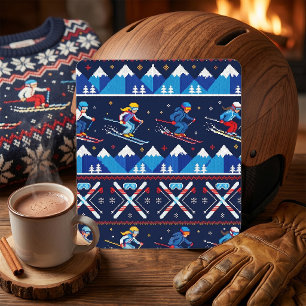 Hässliches Weihnachten Ski-Muster Feiertag Quadratischer Aufkleber