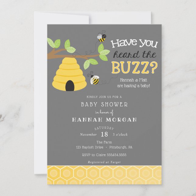 Hast du den Buzz gehört? Bee Baby Shower Einladung (Vorderseite)
