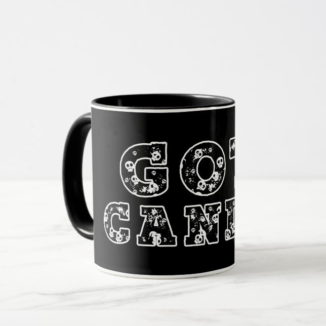 Hast du Süßigkeiten? Schwarz-weiße Totenköpfe Hall Tasse (Vorderseite Links)