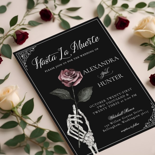 Hasta La Muerte Skeleton Rose bis Totenhochzeit Einladung (Hasta La Muerte Skeleton Rose Until Death Wedding Invitation (Front))