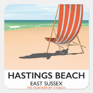 Hastings Beach, East Sussex Vintage Reiseplakat Quadratischer Aufkleber