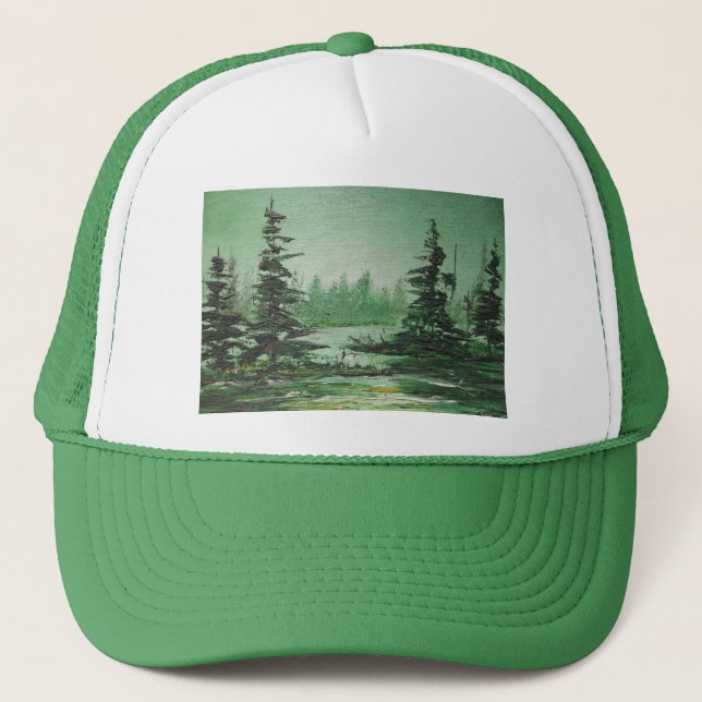 Hat Ann Hayes Painting Green Forest Truckerkappe (Vorderseite)