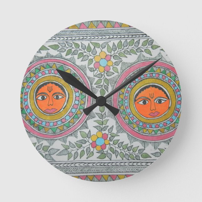 hat ein "Sonne" Motiv "in der madhubani Malerei" Runde Wanduhr (Vorderseite)