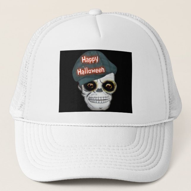 Hat Skeleton Head Happy Halloween Truckerkappe (Vorderseite)