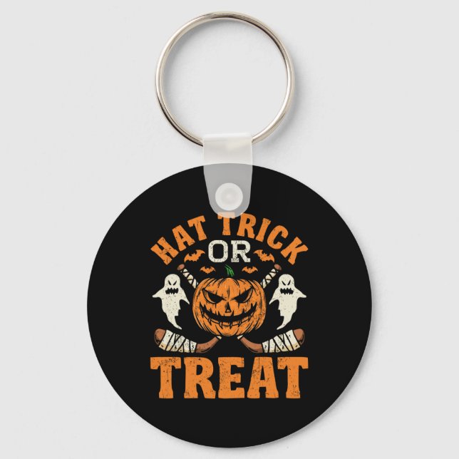 Hat Trick oder Treat Eishockeyspieler Halloween-Ko Schlüsselanhänger (Vorderseite)