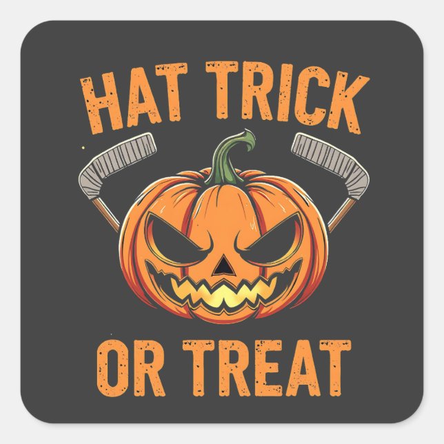 Hat Trick oder Treat Spooky Halloween Eishockey Quadratischer Aufkleber (Vorderseite)