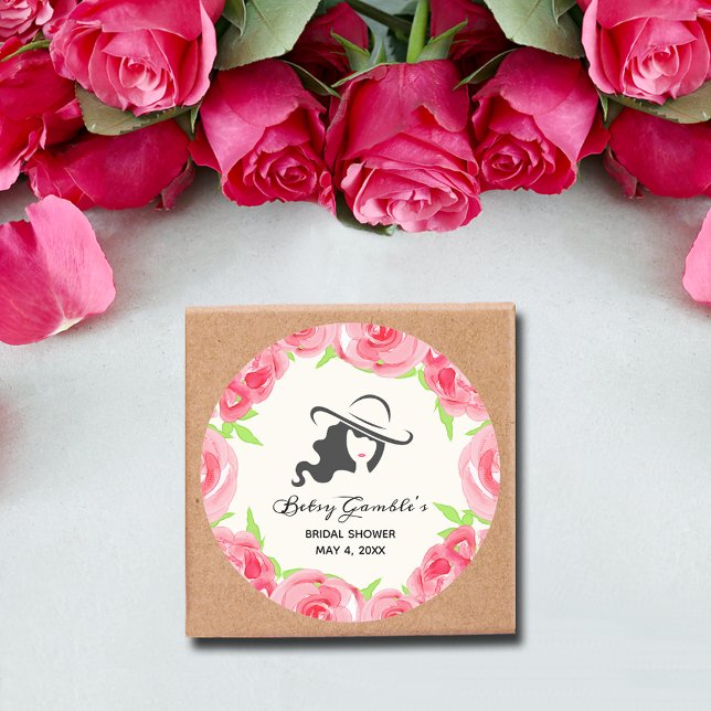 Hat Watercolor Rose Derby Brautparty Runder Aufkleber (Lady's Hat Pink Roses Derby Bridal Shower Round Party Favor Stickers)