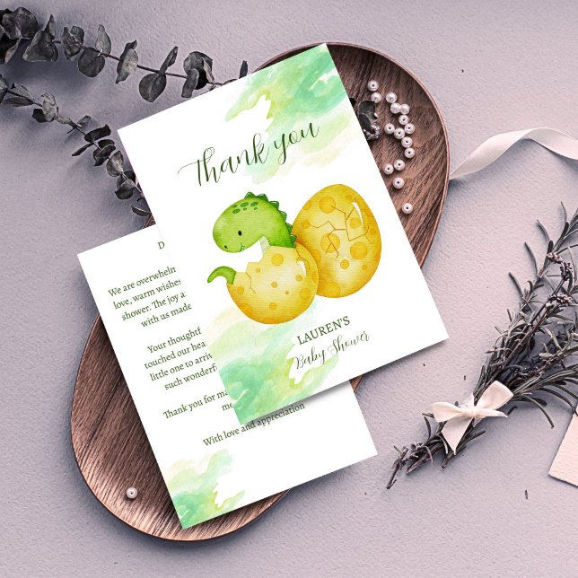 Hatching bald niedlicher grüner Dinosaurier Dankeskarte (Hatching soon cute green baby dinosaur baby shower thank you cards)