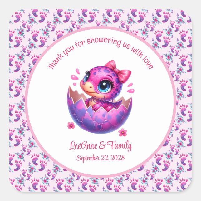 "Hatching bald" Pink Dinosaur Babydusche Quadratischer Aufkleber (Vorderseite)