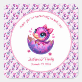 "Hatching bald" Pink Dinosaur Babydusche Quadratischer Aufkleber