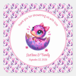 "Hatching bald" Pink Dinosaur Babydusche Quadratischer Aufkleber