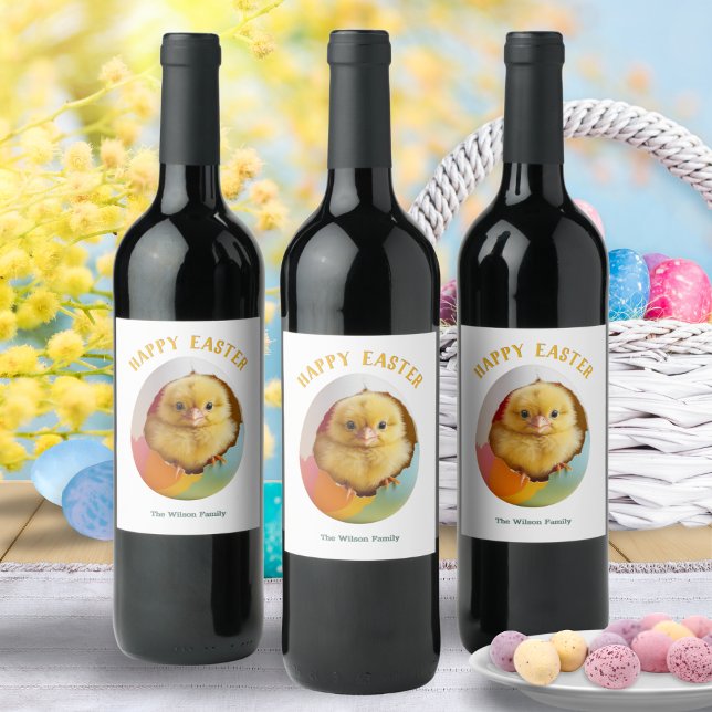 Hatching Chick farbenfrohe Ei Happy Oster Weinetikett (Personalized Easter wine labels, each with picture of a yellow chick hatching out of a colorful egg)