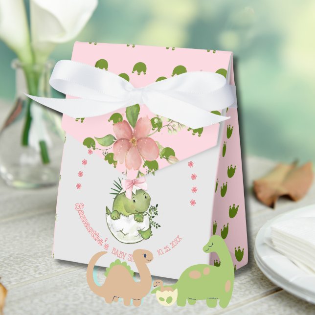 Hatching Dino with Pink Bow Baby Shower  Geschenkschachtel (Hatching Dino with Pink Bow Baby Shower Favor Boxes)