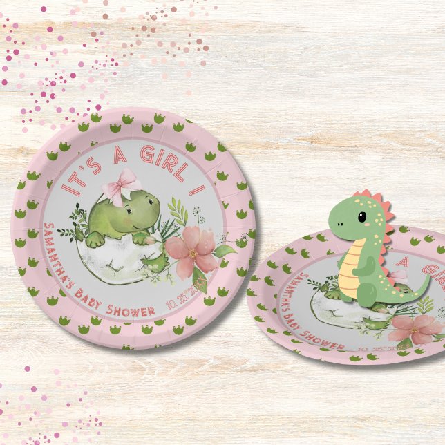 Hatching Dino with Pink Bow Baby Shower Plates Pappteller (Hatching Dino with Pink Bow Baby Shower Plates)