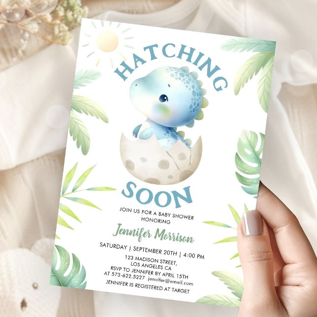 Hatching Soon Boy Dinosaur Baby Shower Einladung (Von Creator hochgeladen)