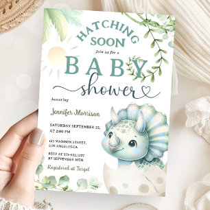 Hatching Soon Dinosaur Baby Shower Boy Blue Green Einladung