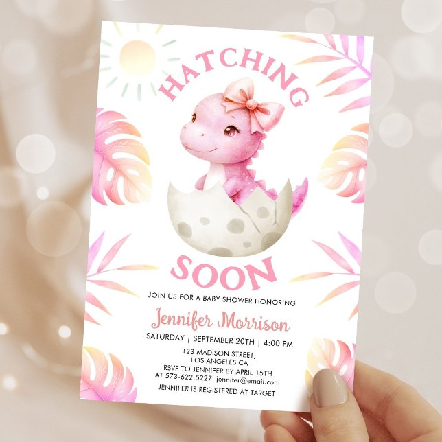 Hatching Soon Dinosaur Baby Shower Girl Pink Dino Einladung (Von Creator hochgeladen)