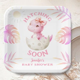 Hatching Soon Dinosaur Baby Shower Girl Pink Pappteller