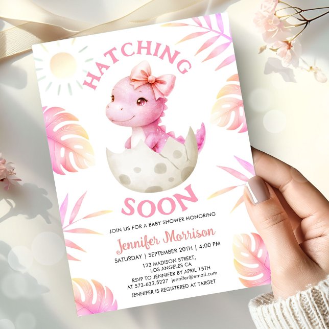 Hatching Soon Girl Dinosaur Baby Shower Cute Pink Einladung (Von Creator hochgeladen)