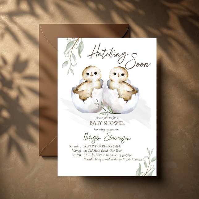 Hatching soon little bird inside egg baby shower einladung (Hatching soon two little birds inside egg twins baby shower invitation cards template)