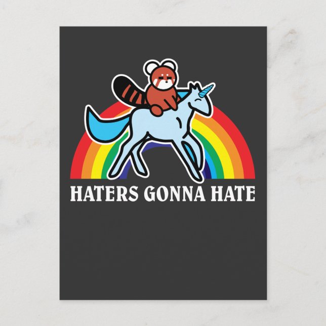 Haters Gonna Hate Funny Red Panda Reiten Unicorn Postkarte (Vorderseite)