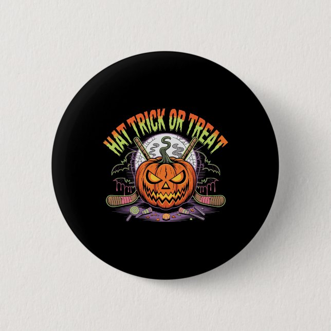 Hattrick oder Süßigkeiten Eishockey Halloween Spaß Button (Vorderseite)