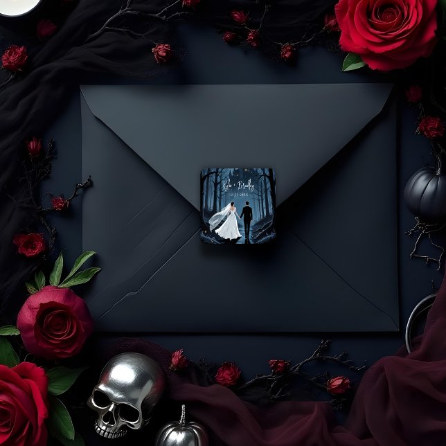 Haunted Castle Halloween Wedding or Engagement Quadratischer Aufkleber (Halloween Wedding or Engagement Stickers with Haunted Castle Design Halloween wedding or engagement )