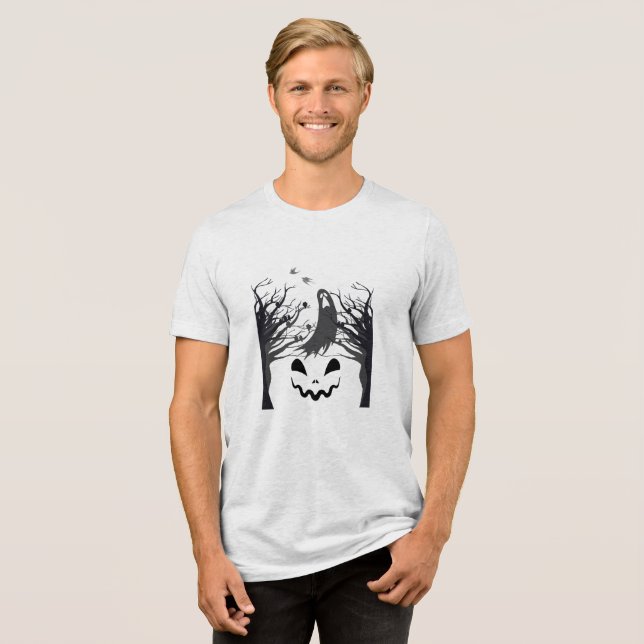 Haunted Forest Ghost Silhouette T-Shirt | Dark Min Tri-Blend Shirt (Vorderseite voll)