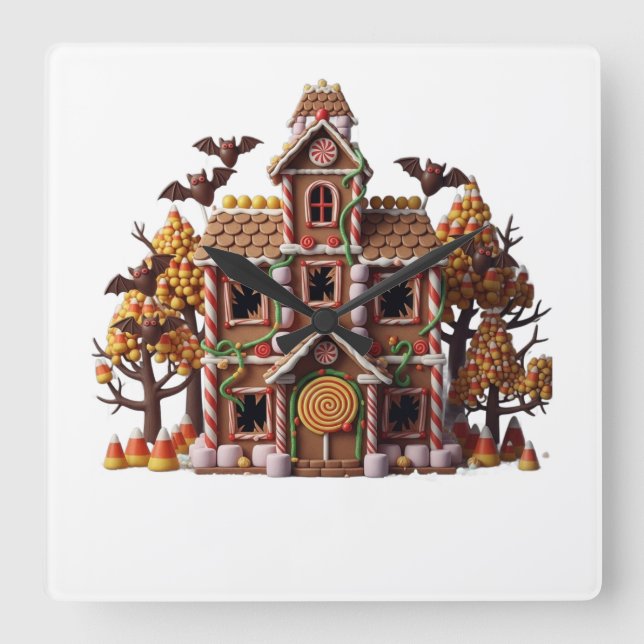 Haunted Gingerbread House Quadratische Wanduhr (Vorderseite)