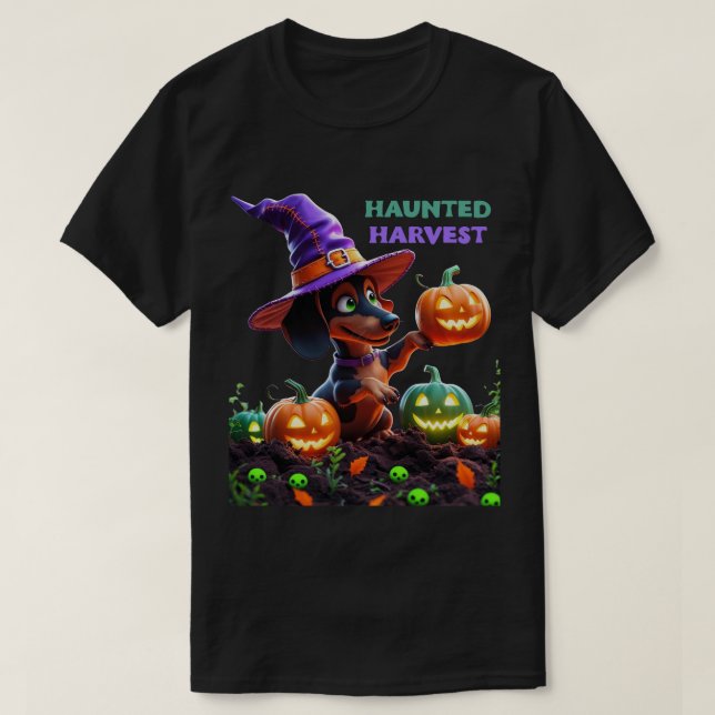 Haunted Harvest – Witchy Dachshund Halloween Garde T-Shirt (Design vorne)