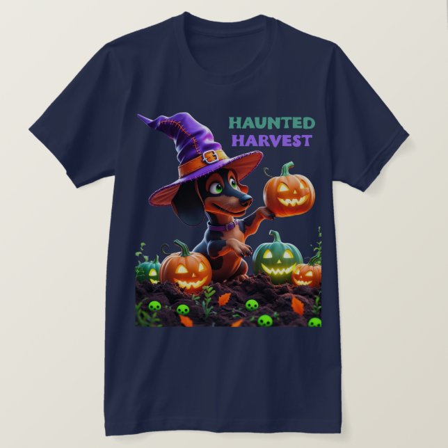 Haunted Harvest – Witchy Dachshund Halloween Garde T-Shirt (Design vorne)