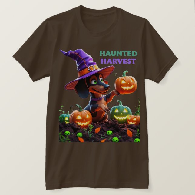 Haunted Harvest – Witchy Dachshund Halloween Garde T-Shirt (Design vorne)