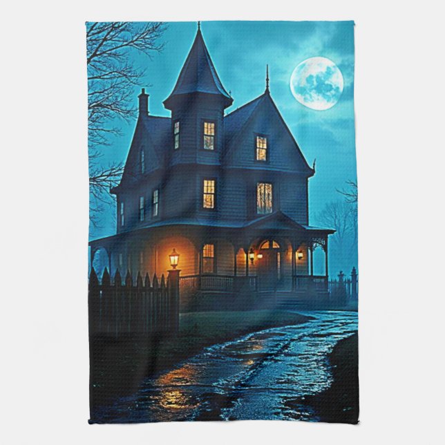 Haunted Mansion Blue Moonlight Night Design Geschirrtuch (Vertikal)