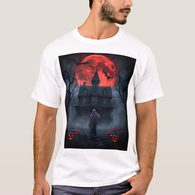 Haunted Red Moon Halloween T-Shirt | Spooky Ghost  (Vorderseite)