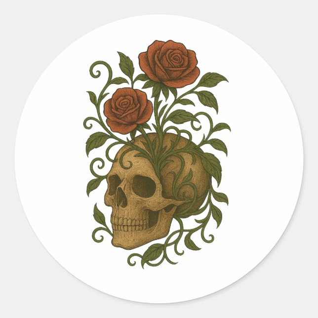 Haunting Beauty  Skull and Roses Halloween Art Runder Aufkleber (Vorderseite)