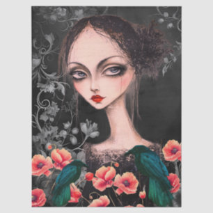Haunting Fantasy Gothic Girl Raven Poppies Seidenpapier