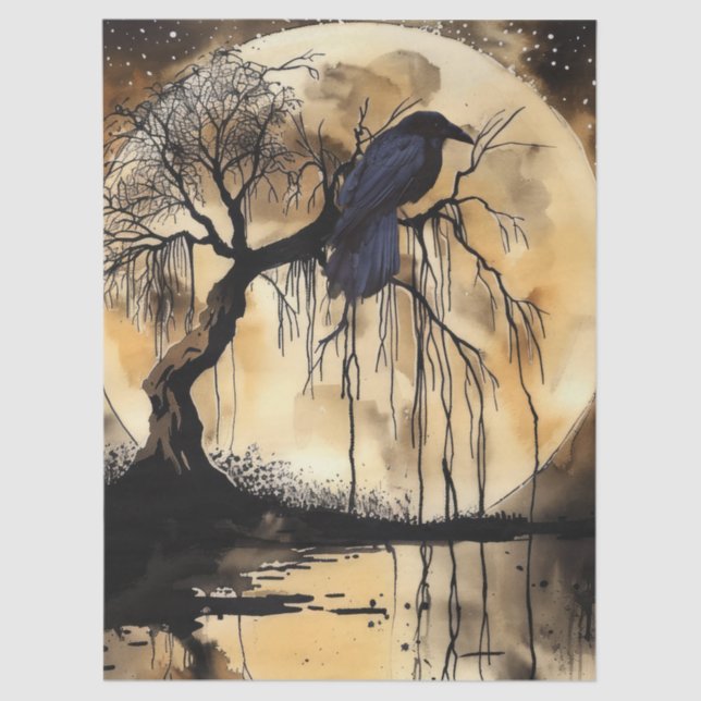 Haunting Fantasy Gothic Raven & Moon Seidenpapier (Vorderseite)