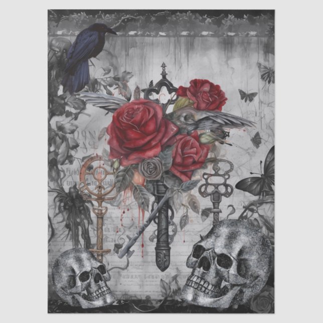 Haunting Fantasy Gothic Raven Rose Skulls Seidenpapier (Vorderseite)