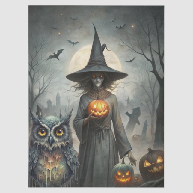 Haunting Fantasy Gothic Witch, Pumpkins & Moon Seidenpapier (Vorderseite)