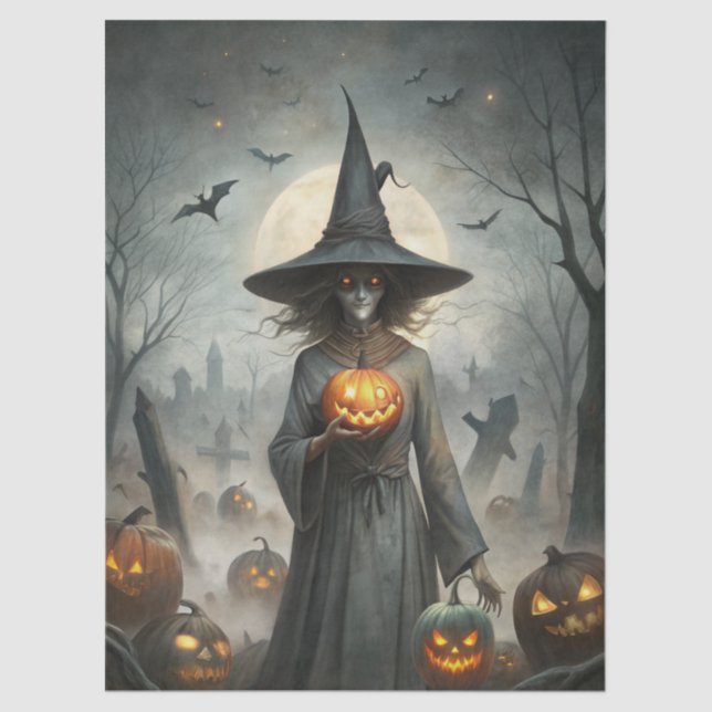 Haunting Fantasy Gothic Witch, Pumpkins & Moon Seidenpapier (Vorderseite)