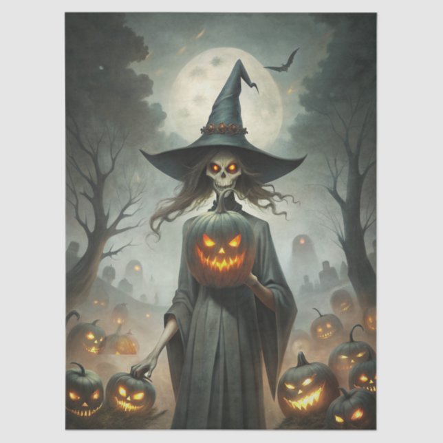 Haunting Fantasy Gothic Witch, Pumpkins & Moon Seidenpapier (Vorderseite)