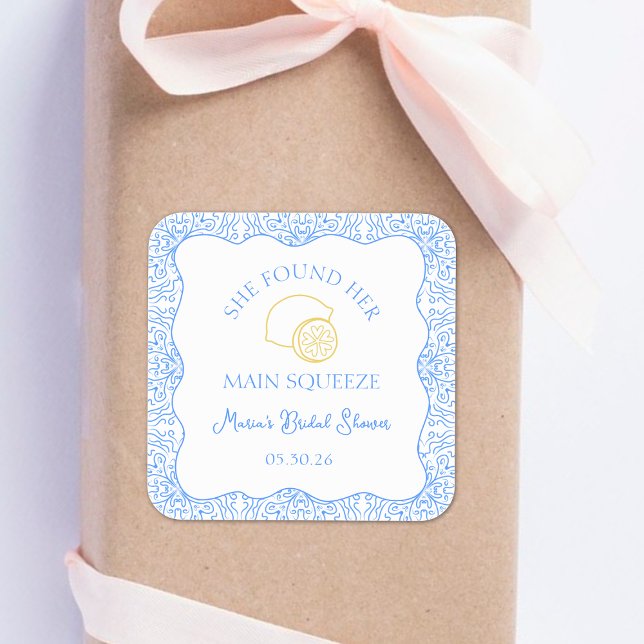 Haupt Squeeze Brautparty Lemon Blue Gevor Quadratischer Aufkleber (Custom 'She Found Her Main Squeeze' stickers, perfect for adding a fun touch to bridal shower favors)