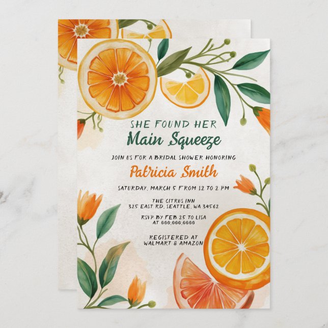 Haupt-Squeeze-Mittelmeer-Zitrusfrüchte-Brautparty Einladung (Vorne/Hinten)