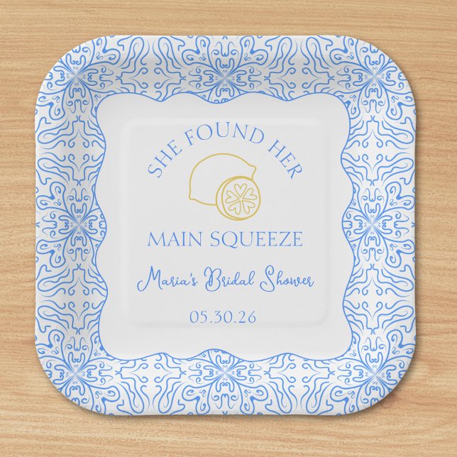 Hauptpresse Lemon & Blue Tiles Brautparty Pappteller (Elevate your bridal shower with elegant lemon-themed plates, perfect for She Found her Main Squeeze)