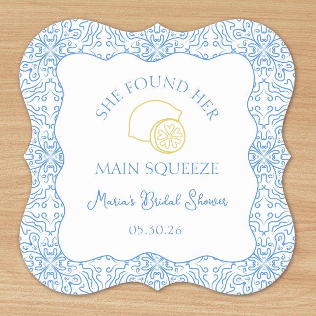 Hauptpresse Lemon & Blue Tiles Brautparty Untersetzer (Stylish lemon-themed coasters for a 'She Found Her Main Squeeze' bridal shower, perfect for décor.)